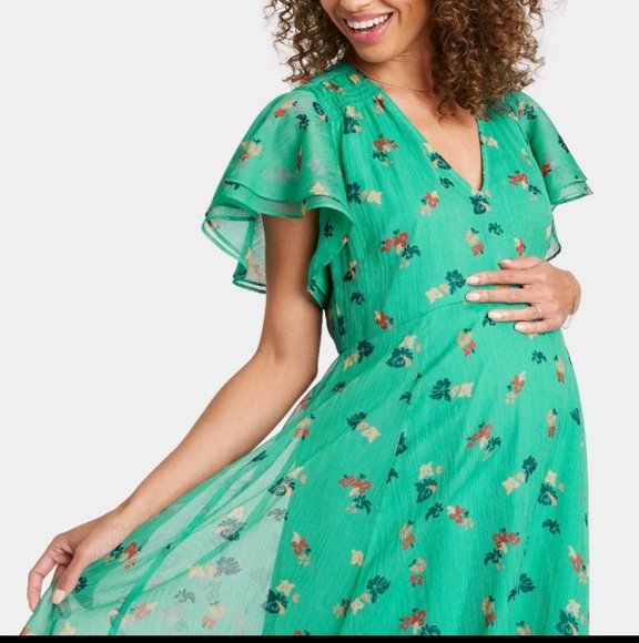 Nines By Hatch Green Floral Midi Maternity Dress Large - Picture 1 of 5